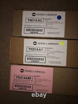 (3) Genuine Konica Minolta TN514 1-C 1-Y 1-M 472g Toner bizhub C458 A9E823/33/43