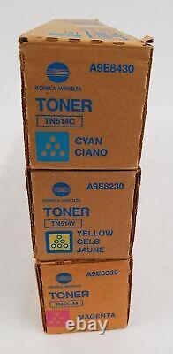 Lot of 3 Genuine Konica Minolta TN514 M/C/Y Magenta Cyan Yellow Toner Cartridges